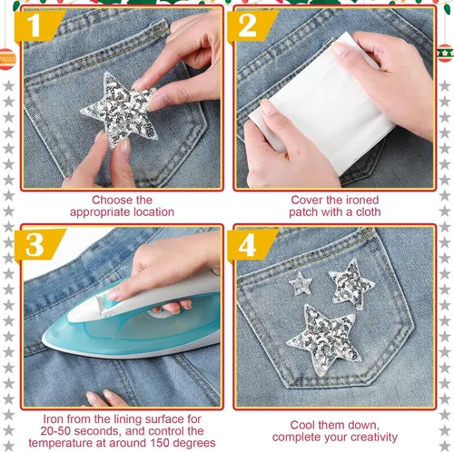 Miniatura 6 de Daifunli 24 Parches de Lentejuelas para Planchar de 4 Parches Decorativos Bordados Brillantes para Ropa, Bolsos, Chaquetas, Jeans, Sombreros