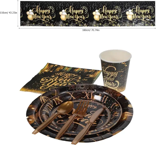 Miniatura 2 de Toyvian Suministros para fiestas de Año Nuevo 2026, platos de papel desechables, servilletas, tenedores, vasos, decoraciones de cena, platos de Año