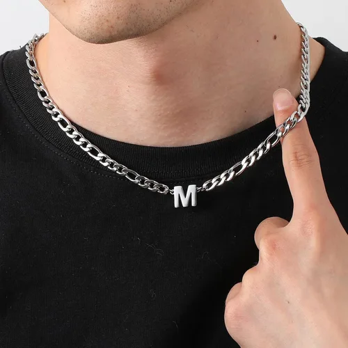 Miniatura 2 de GLITTO Collar de cadena Figaro con inicial A-Z para hombres, niños y mujeres, colgante de letra, acero inoxidable, 0.256in, 18+2 pulgadas, regalo