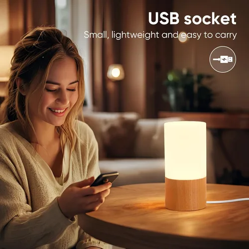 Miniatura 2 de LONRISWAY Lámpara de mesa de madera LED pequeña, luz de noche de noche para dormitorio, iluminación LED regulable, decoración creativa