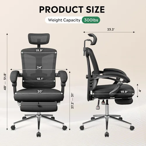 Miniatura 3 de DEVAISE Silla de escritorio ergonómica de malla con reposapiés, cómoda silla de computadora reclinable grande y alta con soporte lumbar ajustable
