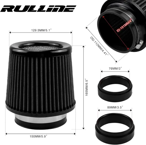 Miniatura 2 de Rulline 76 mm 89 mm 102 mm Filtro de aire 3" 3.5" 4" Filtro de aire frío universal de admisión de aire con abrazadera de cono cónico redondeado