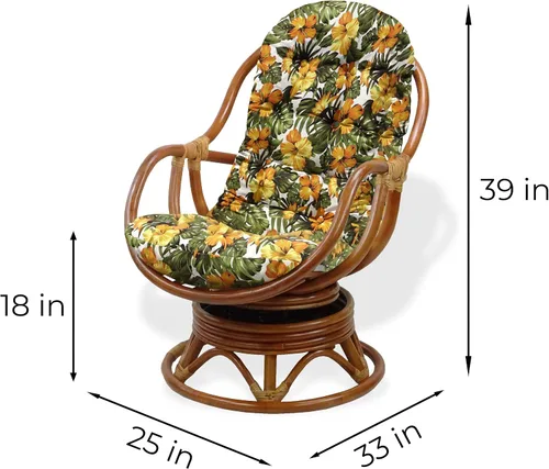 Miniatura 5 de Juego de 2 mecedoras giratorias Bali Lounge con cojín floral y mesa de centro redonda Pelangi, mimbre de ratán natural, hecho a mano, color colonial