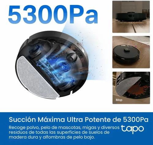 Miniatura 3 de Tapo - Robot aspirador y trapeador con navegación inteligente LIDAR y base autovaciada, 5300 Pa máx., tasa de recolección de polvo del 97% +