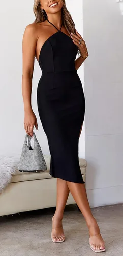 Miniatura 4 de Tsher Elegante vestido midi formal para mujer, con cuello halter, con lazo en la espalda, color verde