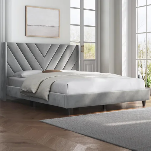 Miniatura 3 de Yaheetech Base de cama tamaño Queen con plataforma tapizada con lados en forma de ala/soporte de listones de madera/cabecera copetuda con lados
