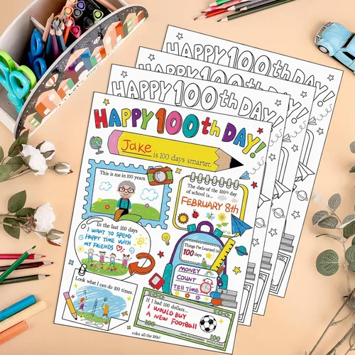 Miniatura 3 de Hedeey Póster para colorear con texto en inglés «Happy 100th Day of School» para niños, estudiantes, suministros para el aula