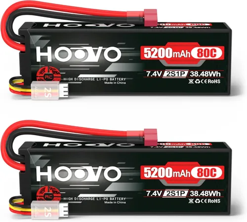 HOOVO 2S 7.4V 5200mAh 80C RC LiPo - Carcasa rígida con conector T para vehículos RC Buggy, coche, barco, camión (paquete de 2)