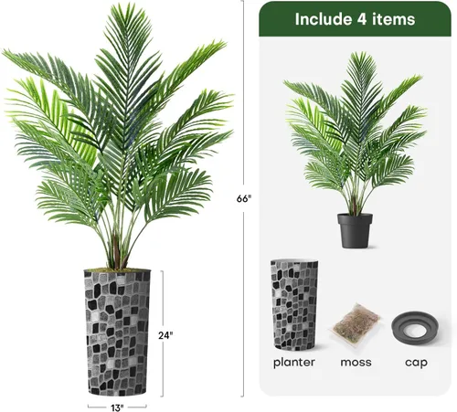 Miniatura 3 de Árbol artificial en macetero moderno con patrón geométrico, palmeras tropicales areca falsas de seda para decoración del hogar en interiores