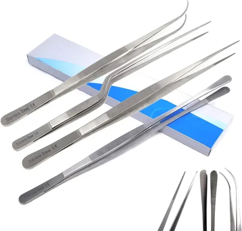 Miniatura 12 de Pinzas de precisión profesionales de acero inoxidable culinario con puntas dentadas, pinzas para servir con detalles de presentación de alimentos