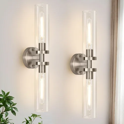 Juego de 2 apliques de pared, apliques de baño de níquel cepillado cableados con vidrio transparente, apliques modernos para decoración de pared,