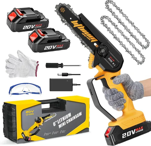 Mini motosierra de 6 pulgadas con 2 baterías, mini motosierras eléctricas inalámbricas de mano, portátil, pequeña motosierra para corte de madera