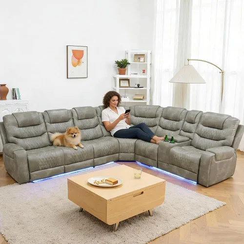 Miniatura 43 de Juego de sofá modular reclinable eléctrico con LED, juegos de muebles de sala de estar, sofá reclinable de cuero para sala de estar/cine en casa