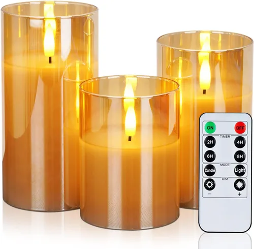 Amagic juego de 3 velas sin llama de vidrio dorado, operadas con pilas con temporizador, control remoto, velas LED parpadeantes falsas de pilar para
