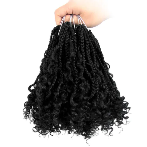 Niseyo - Caja diosa con trenzas de pelo a crochet de 8 pulgadas, paquete de 8 unidades, trenzas de caja a crochet cortas, extremos rizados
