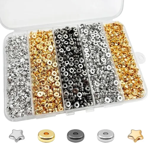 Miniatura 8 de Cuentas espaciadoras planas redondas de 6mm, 1560 piezas (360 flores), Oro, Plata, Negro, en forma de flor, Plástico (recubierto de cobre)
