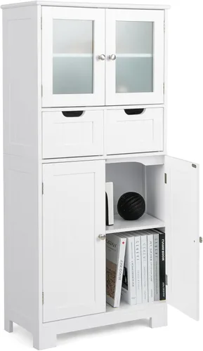 Miniatura 8 de COSTWAY Armario de almacenamiento de baño, organizador de baño independiente con puertas de vidrio, 2 cajones y 2 estantes ajustables, armario alto