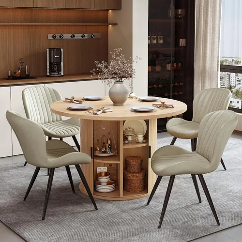 Miniatura 13 de Miereirl Juego de mesa y sillas de comedor moderno redondo, con una mesa de comedor de madera equipada con compartimentos de almacenamiento
