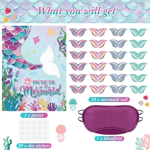 Miniatura 3 de Juego de fiesta de sirena con cola adhesiva Faccito Juego de sirena Incluye póster grande de 21 x 28 pulgadas 24 piezas de pegatinas reutilizables
