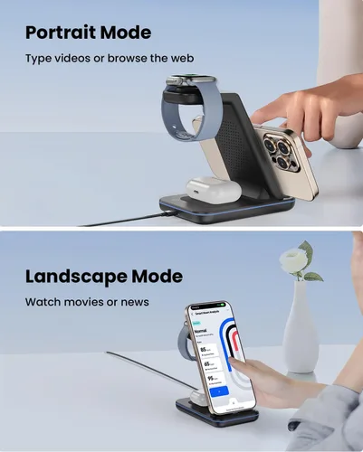Miniatura 3 de Soporte de cargador inalámbrico, estación de carga inalámbrica rápida 3 en 1 para Apple Watch 11/9/8/7/6/SE/5/4/3/2, Airpods 3/2/Pro, iPhone Negro