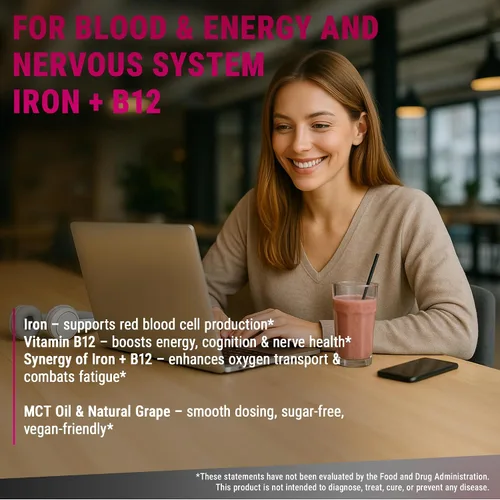 Miniatura 4 de New Elements Suplemento de hierro líquido para mujeres y hombres con vitamina B12 de 5000 mcg, constructor de sangre libre para la anemia, gotas