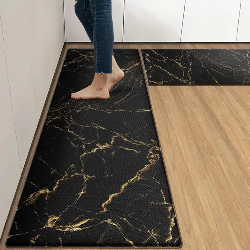 Arttown - Juego de 2 tapetes antifatiga para cocina de mármol negro y oro, tapete acolchado impermeable y antideslizante y alfombra de espuma