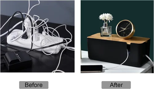 Miniatura 2 de Changsuo Caja de organización de cables con tapa de bambú, pequeña caja organizadora de cables para cable de extensión, protector de sobretensiones