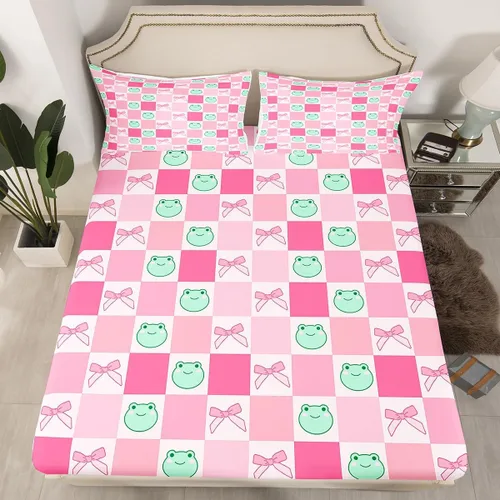 Miniatura 32 de Sábana bajera con lazo azul tamaño individual, juego de ropa de cama de princesa con cerezas, estrellas y flores margaritas de dibujos animados