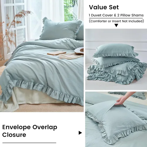 Miniatura 4 de Simple&Opulence Juego de funda de edredón de algodón de lino con volantes, 3 piezas, ropa de cama con textura suave con bordes decorativos