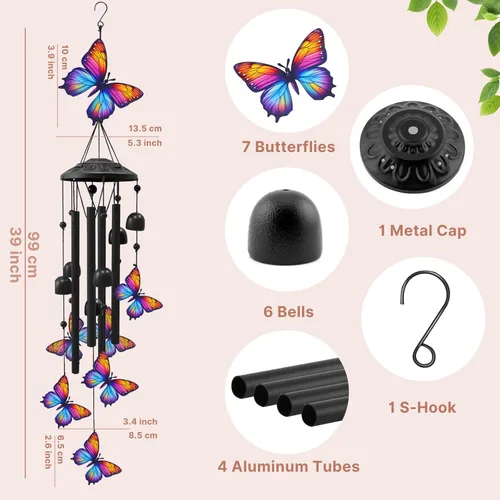 Miniatura 3 de Campanillas de Viento de Mariposa para Exteriores, Campanillas de Metal Negro al Aire Libre, Regalos de Mariposas para Mujeres/Hombres, Decoración