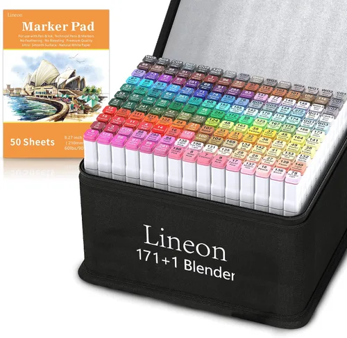 Lineon Marcadores artísticos de doble punta a base de alcohol de 172 colores, 171 + 1 rotulador permanente más 1 almohadilla de marcador, 1 funda