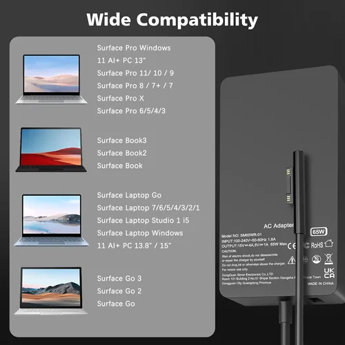 Miniatura 3 de Cargador para laptop Surface Pro de 65 W compatible con Microsoft Surface Pro 11 10, 9, 8, X, 7+, 7, 6, 5, 4, 3, conector de superficie magnética