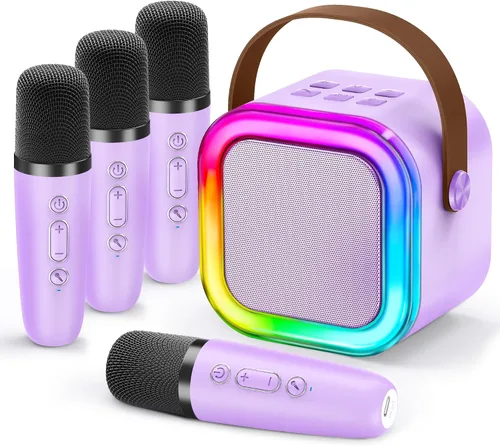 Miniatura 9 de IROO - Máquina de karaoke para niños y adultos, minialtavoz Bluetooth portátil con 2 micrófonos inalámbricos y luces de fiesta, para celular, regalo