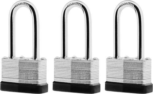 SafiSwords Paquete de 3 candados de acero laminado con llaves iguales, 1-3/4 pulgadas de ancho, juego de candados largos resistentes con las mismas