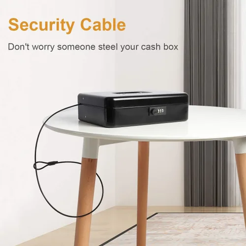 Miniatura 4 de Jssmst - Caja grande de seguridad para dinero con bandeja; caja de dinero de metal con cerradura de combinación y cable de seguridad, color negro