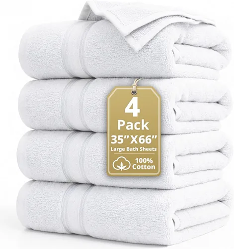 LANE LINEN Juego de 4 toallas de baño 100 % algodón, tecnología exclusiva de cero torsión, toallas blancas grandes (35 x 66 pulgadas), ultra suaves,