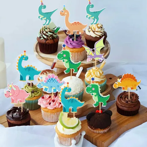 Miniatura 7 de Ercadio Paquete de 32 adornos para cupcakes de dinosaurios de dibujos animados, lindos dinosaurios para bebé, temática de dinosaurio, baby shower