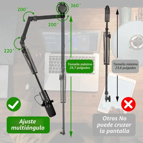 Miniatura 5 de Brazo de Micrófono de Pluma, Soporte de Micrófono Aéreo Ajustable con Altura con Elevador de Extensión para Shure SM7B Blue Yeti HyperX QuadCast S