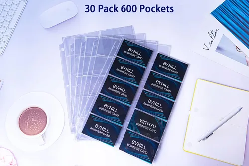 Miniatura 6 de BYSTER Paquete de 30 hojas de fundas para tarjetas de presentación con 600 bolsillos, páginas ultra transparentes para carpeta de 2/3/4 anillos