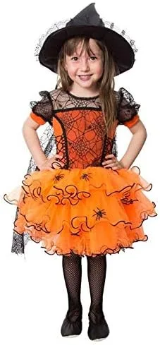 Vestido de tul de Halloween para niñas pequeñas, vestido de manga larga con diseño de calabaza, telaraña, princesa, fiesta, faldas a rayas