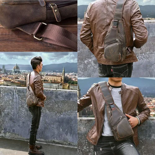 Miniatura 2 de Le'aokuu Bolso cruzado de moda para hombre, diseño de té, estilo casual, para viajes, senderismo, en el pecho, con correa de hombro, de cuero