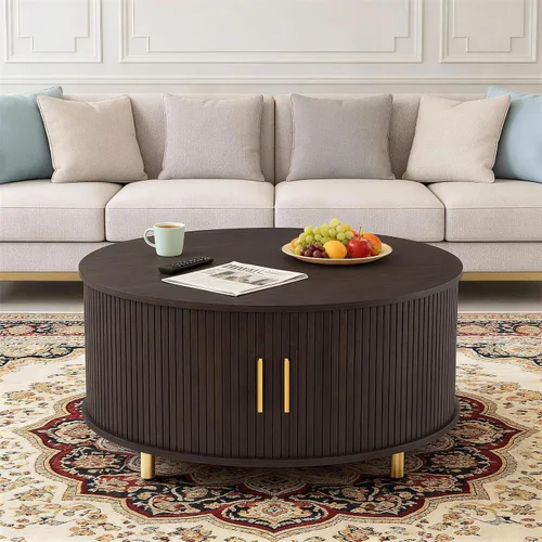 Miniatura 3 de DHH Mesa auxiliar redonda, mesa de centro moderna de mediados de siglo de 31.5 pulgadas con puerta corrediza de 360°, mesa de centro acanalada