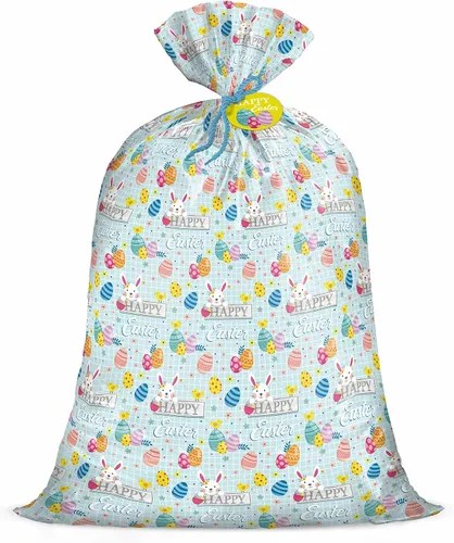 WRAPAHOLIC Bolsa de regalo grande de plástico de Pascua de 56 pulgadas, bolsa de bicicleta de conejo y huevo, envoltura de regalo para Pascua,