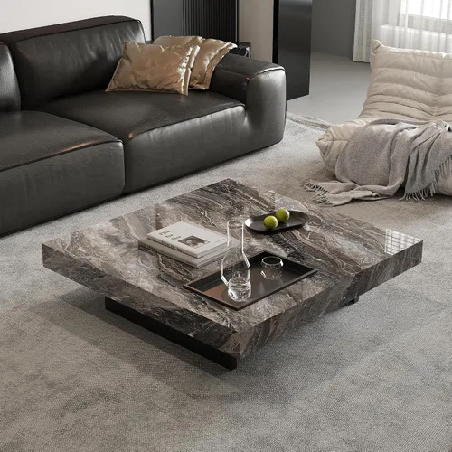 Miniatura 10 de Mesa auxiliar rectangular de mármol de 51.18 pulgadas, parte superior de piedra sinterizada gris moderna con base de metal negro, mesa central