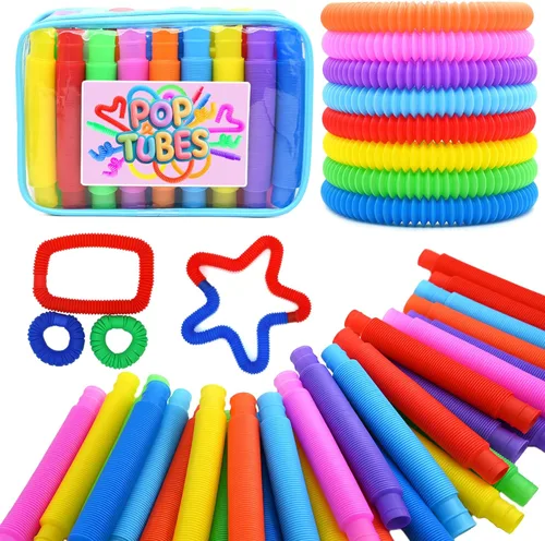 Juguetes Sensoriales Pop Tubes – Paquete de 30 Juguetes Fidget Elásticos con 10 Colores, Juguetes para Aliviar el Estrés para Niños y Adultos,