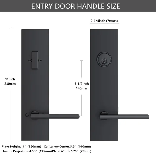Miniatura 6 de Manija de Puerta Delantera Negro Mate – Juego de Cerradura de Puerta de Entrada Moderna con Pestillo, Palanca de Puerta Exterior 3 Llaves