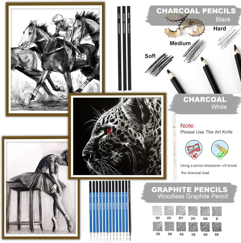 Miniatura 3 de KALOUR Juego de 34 lápices de bocetos con cuaderno de bocetos, estuche de viaje con cremallera, boceto, carbón, borrador, suministros de dibujo