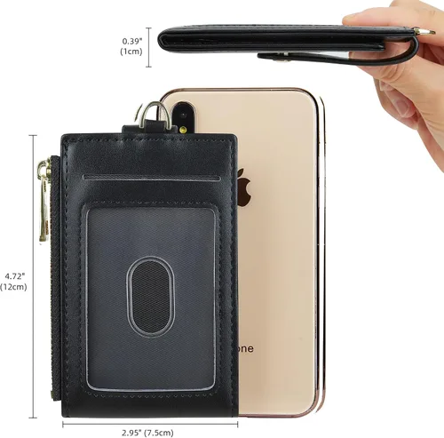 Miniatura 4 de Tarjetero de cuero para mujer, con bloqueo RFID, delgado y pequeño, con cremallera, llavero, bolsillo frontal, con 2 ventanas para identificación