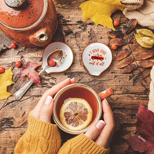Miniatura 5 de Whaline Soporte para cucharas de cerámica de otoño, camión de calabaza, pequeño soporte para cucharas de café para agitadores de café, cucharadita