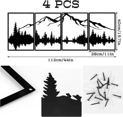 Miniatura 6 de YIYA 4 piezas de arte de pared de metal de montaña, decoración de pared de metal negro decorativo de bosque grande, esculturas de pared verticales